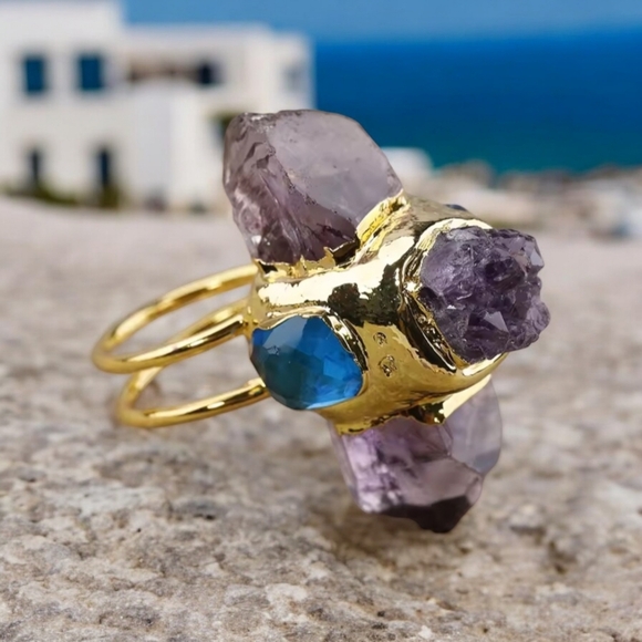 New Chunky Natural Rough Amethyst Tourmaline Huge Statement Ring - Picture 2 of 4